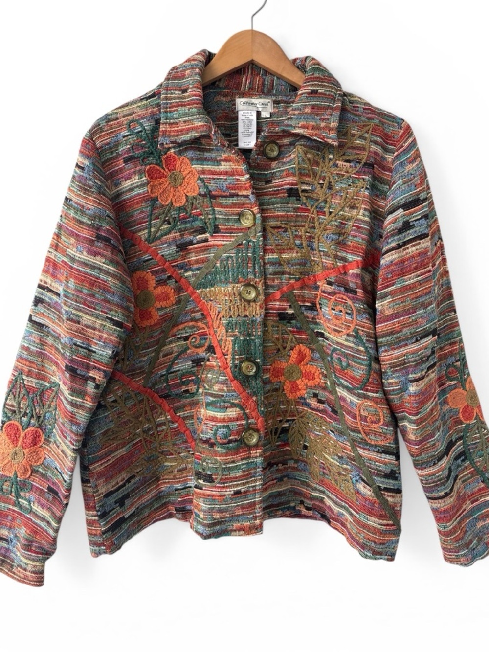 Coldwater Creek Embroidered Tapestry Jacket Boho Floral Art Jacket Textured L